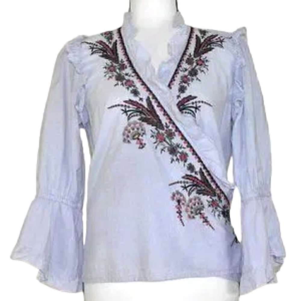 Zara Woman Blue White Striped Embroidered Wrap Top Size Sm